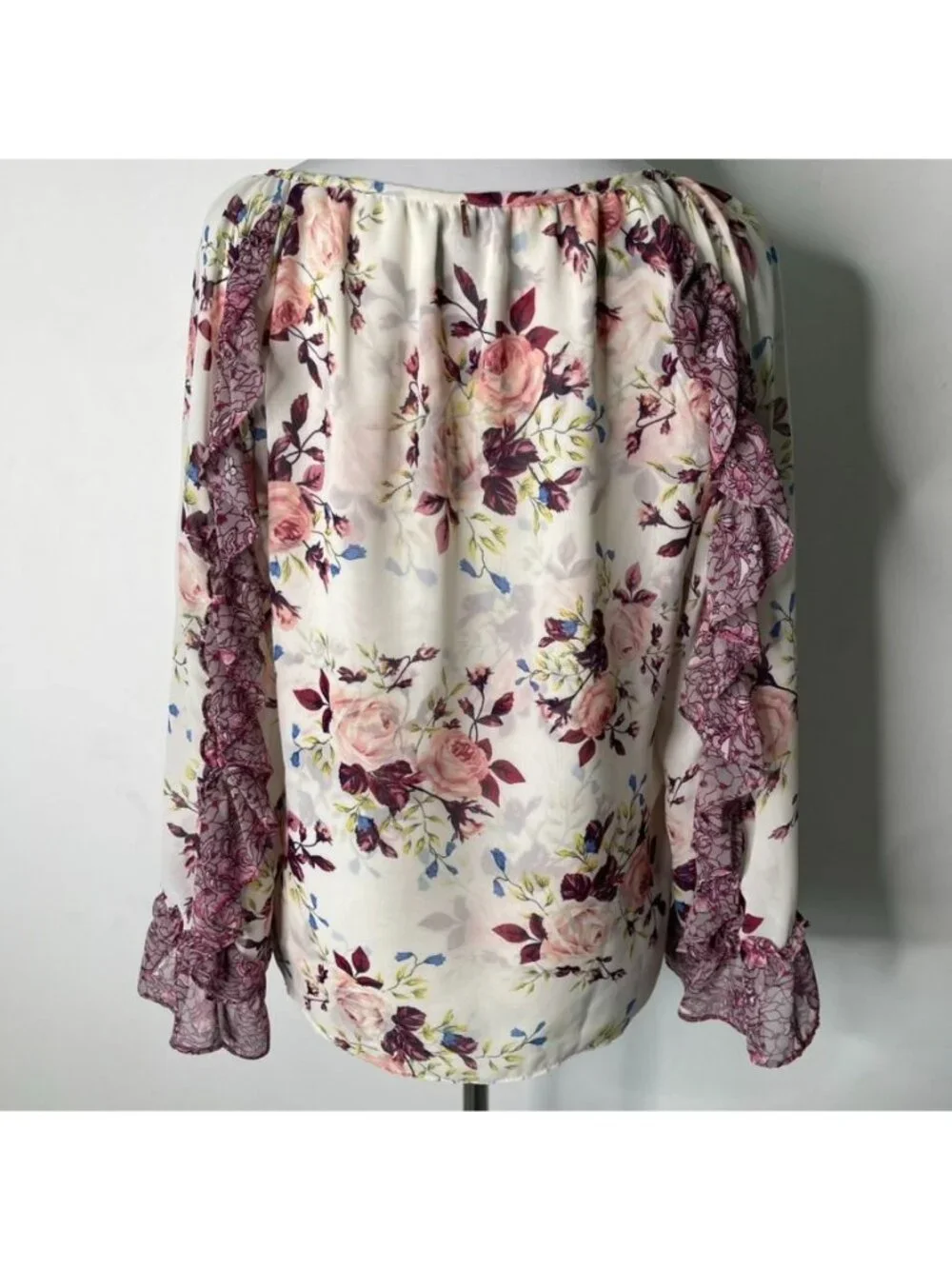 MISA Los Angeles Sia Floral Chiffon Ruffle Blouse XS Burgundy Cream Boho Tassel - Picture 8 of 12